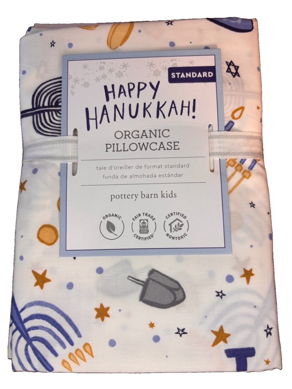 Pottery Barn Kids Standard Pillowcase Happy Hanukkah Organic Cotton Blue Gold